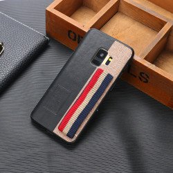 Galaxy S9+ (Plus) Striped Hand Strap Grip Holder PU Leather Case (Black)